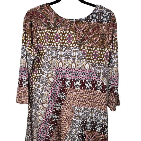 New Directions Boho Swing Dress Small Brown Pink Patchwork Fall Flare - Picture 10 of 12